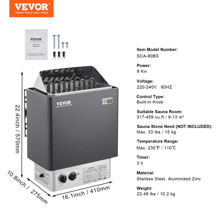 VEVOR Sauna Heater (3kW/4.5kW/6kW/9kW) with Built-In Controls 220V Electric Sauna Stove