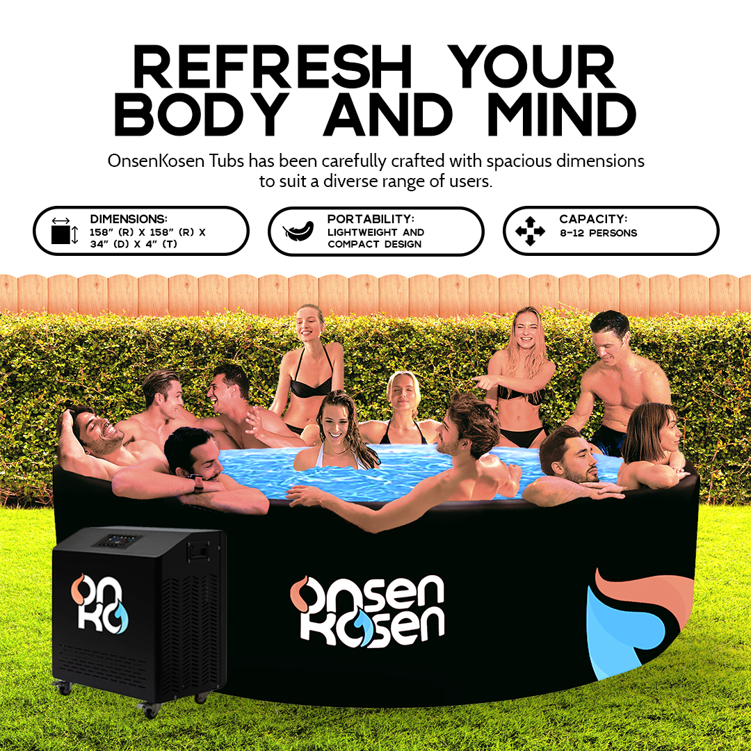 OnsenKosen Yunokawa 8 to 12 Person Group Therapy Tub with Pro 2HP Dual CHiller/Heater