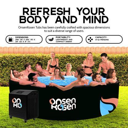 OnsenKosen Yunokawa 8 to 12 Person Group Therapy Tub with Pro 2HP Dual CHiller/Heater
